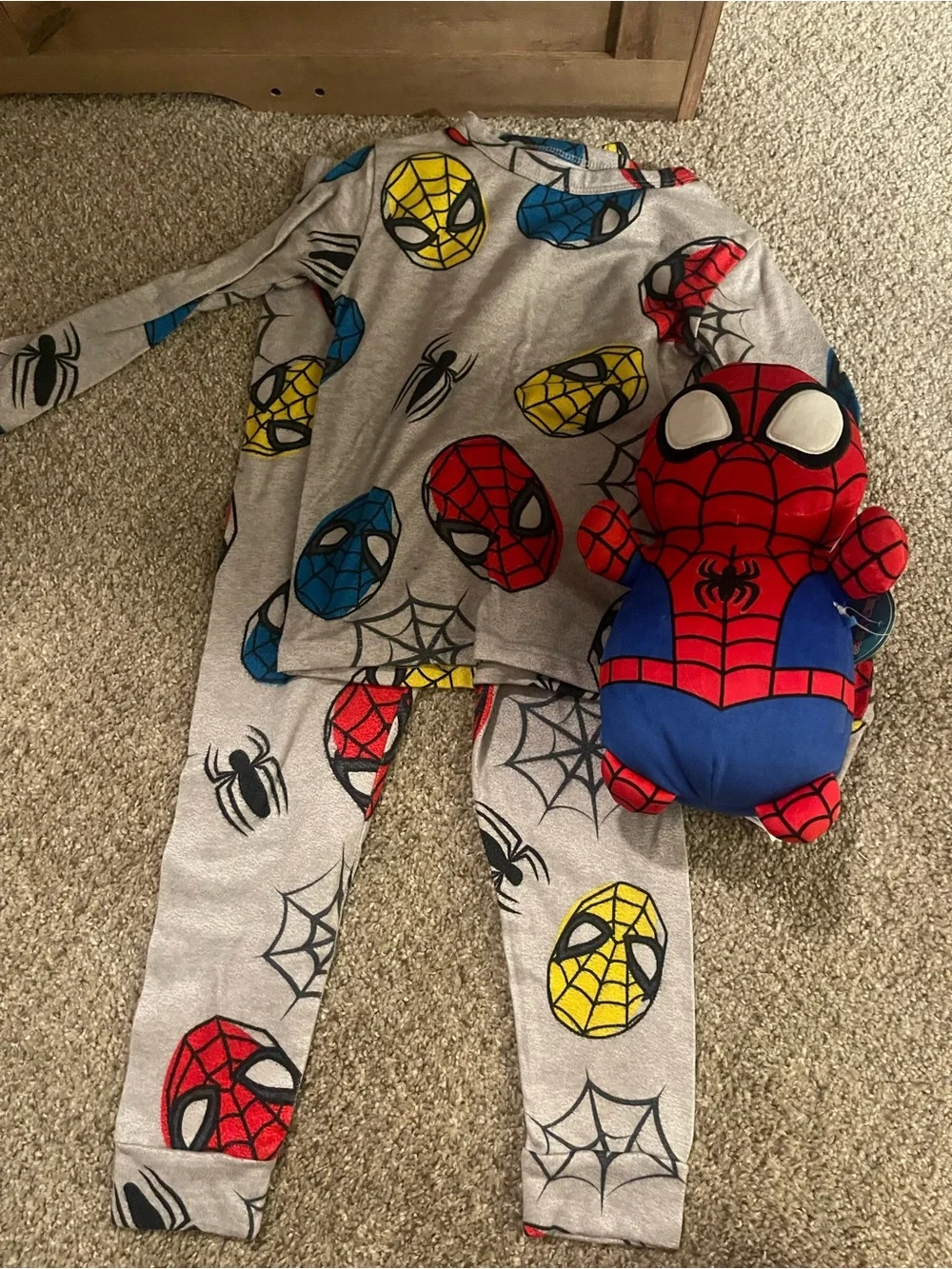 Marvel Kids Spider Pajama Set in Gray with Red, Blue & Yellow Spider Faces